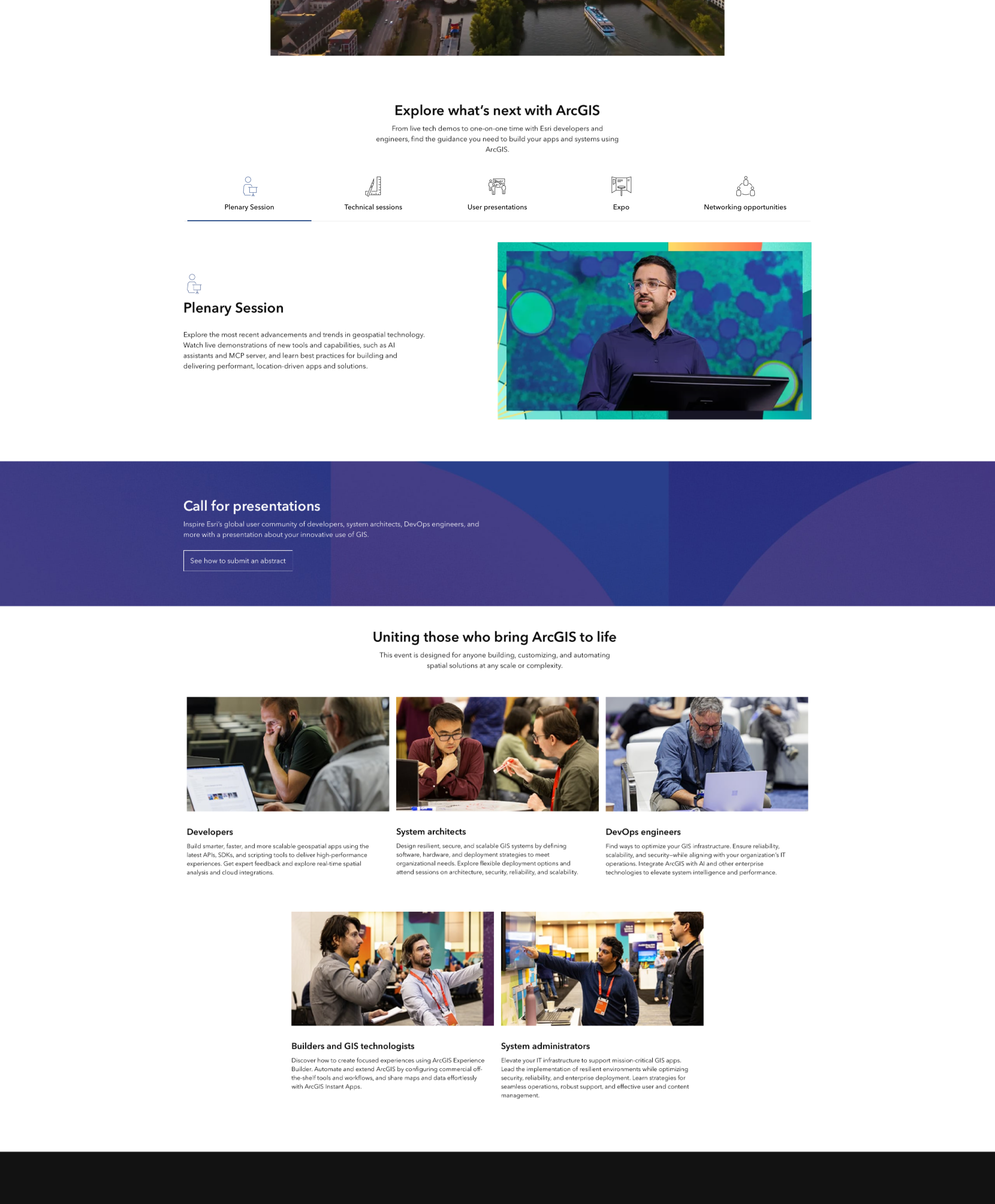 Esri European Developer Summit Overview page featuring a Plenary Session video, tabbed navigation, a purple promotional strip, and an audience section